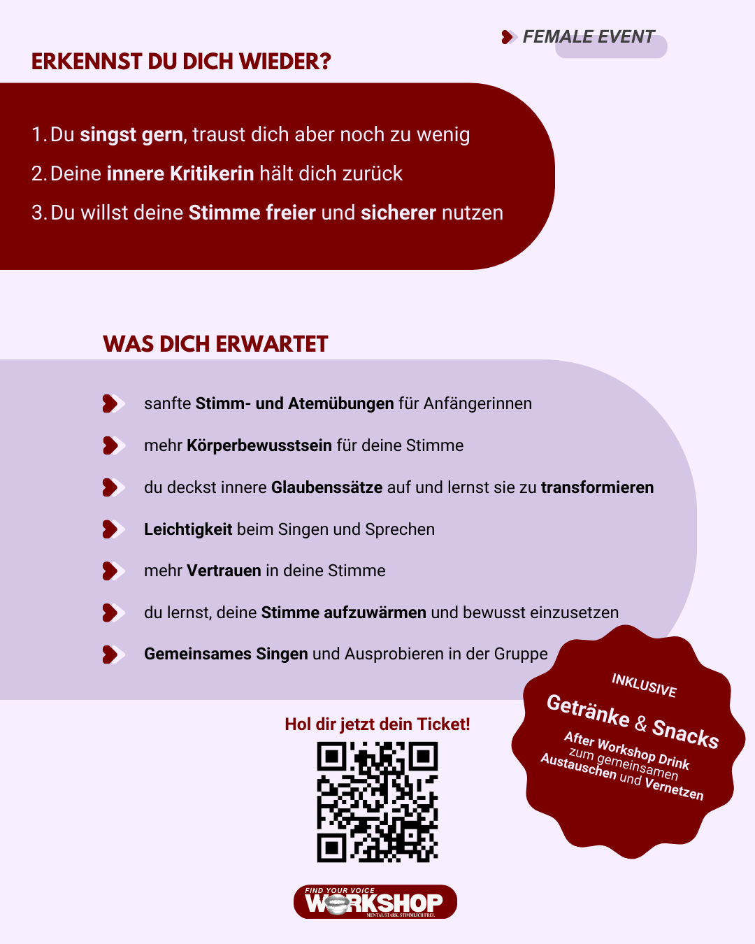 Flyer für den "Find your Voice" Workshop am 25. April 2026 im Palais Ferstel Wien mit Alina-Marie Fraissl.