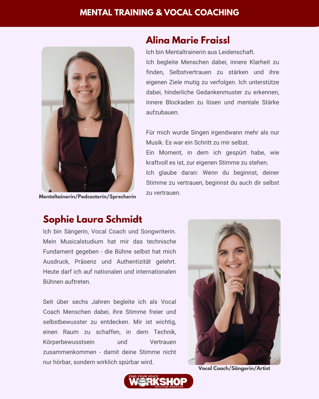 Werbe-Flyer für den Find your Voice Workshop am 25. April 2026 in Wien mit Alina-Marie Fraissl und Sophie Laura Schmidt.